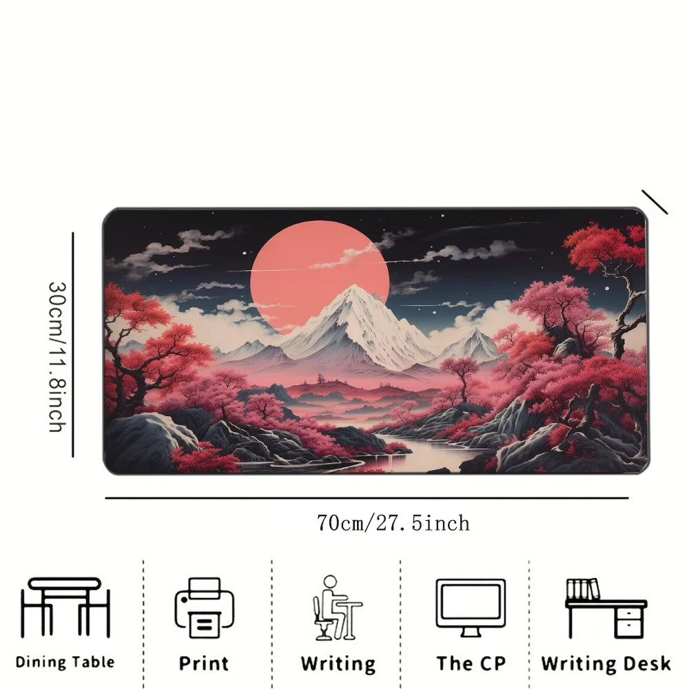 Pink Moon Cherry Blossom Mountain Printed Desk Pad Extra Large Soft Rubber Mouse Pad Aesthetic Gaming Mat Multi-Size Desk Mat