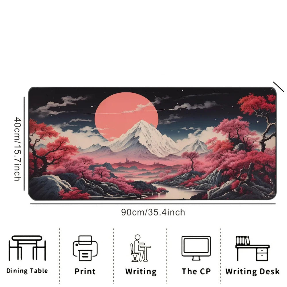 Pink Moon Cherry Blossom Mountain Printed Desk Pad Extra Large Soft Rubber Mouse Pad Aesthetic Gaming Mat Multi-Size Desk Mat