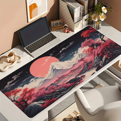 Pink Moon Cherry Blossom Mountain Printed Desk Pad Extra Large Soft Rubber Mouse Pad Aesthetic Gaming Mat Multi-Size Desk Mat