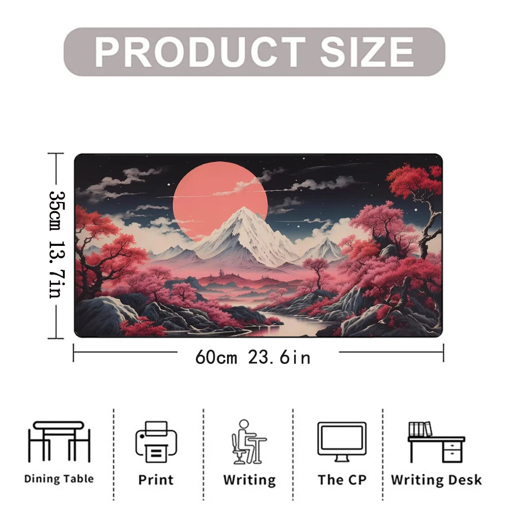 Pink Moon Cherry Blossom Mountain Printed Desk Pad Extra Large Soft Rubber Mouse Pad Aesthetic Gaming Mat Multi-Size Desk Mat