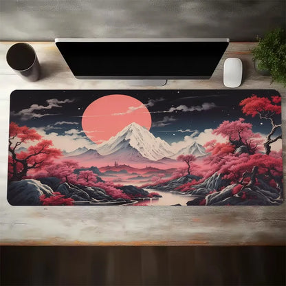 Pink Moon Cherry Blossom Mountain Printed Desk Pad Extra Large Soft Rubber Mouse Pad Aesthetic Gaming Mat Multi-Size Desk Mat