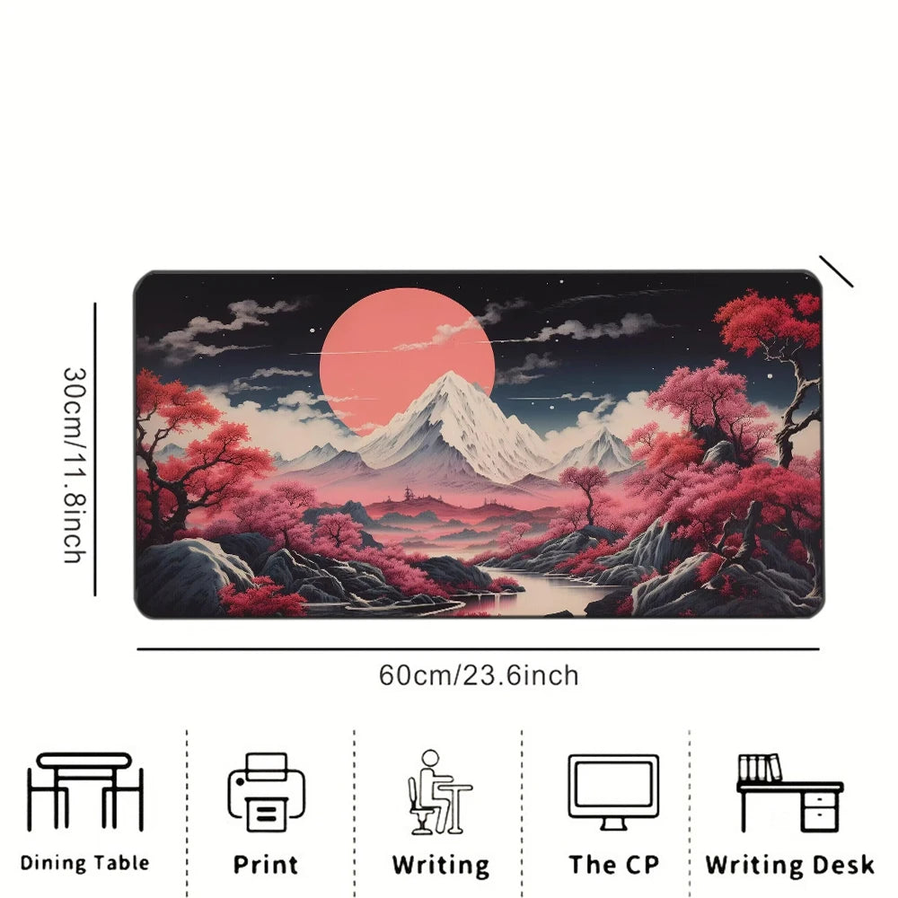 Pink Moon Cherry Blossom Mountain Printed Desk Pad Extra Large Soft Rubber Mouse Pad Aesthetic Gaming Mat Multi-Size Desk Mat