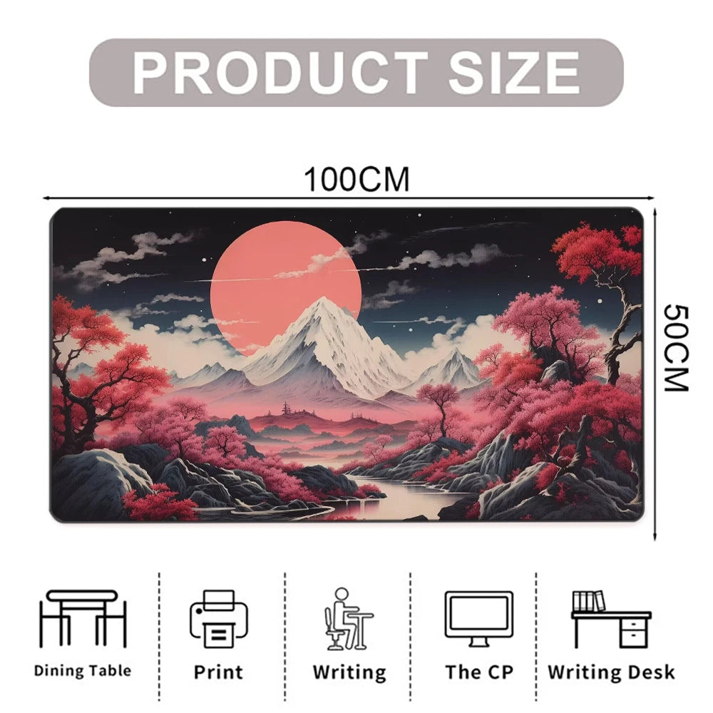Pink Moon Cherry Blossom Mountain Printed Desk Pad Extra Large Soft Rubber Mouse Pad Aesthetic Gaming Mat Multi-Size Desk Mat
